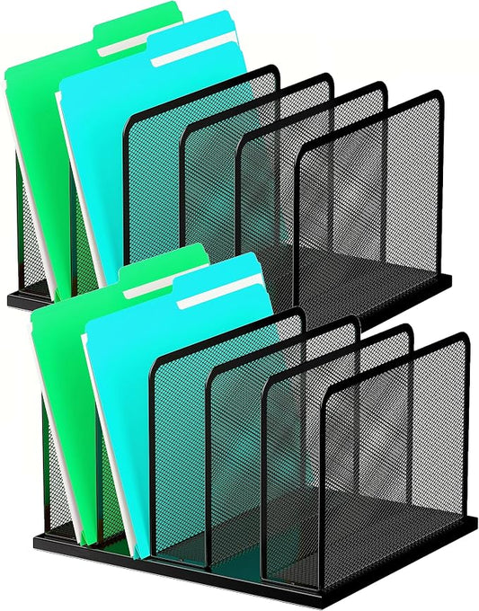 Kuntine.B Desk File Organizer Upright Mesh Desktop Organizer File Sorter Office Organization File Holder for Home, Office & Classroom (Black, 2 Pack 5-Section)