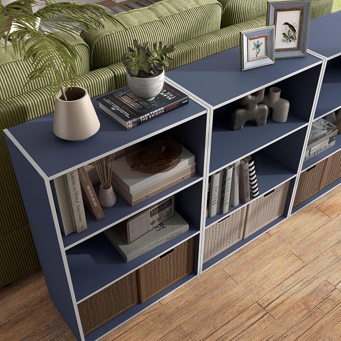 Homes: Inside + Out Apexa 3-Tier Cube Storage Organizer Shelves, Stackable Wood Bookcase Fits Cubby Bins for Organization, Dorm Teen Room Decor & Home Office, Steel Blue