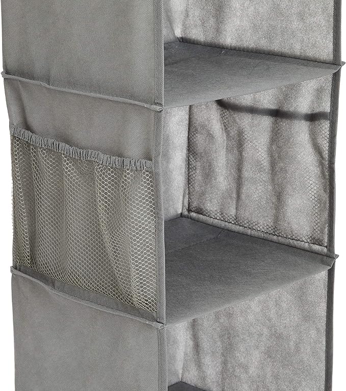 Amazon Basics 6-Tier Hanging Closet Shelf Organizer with Pockets, Clothes Storage for Sweaters and Clothing, 12" W x 9" L x 8.5" H, Grey | Organizer