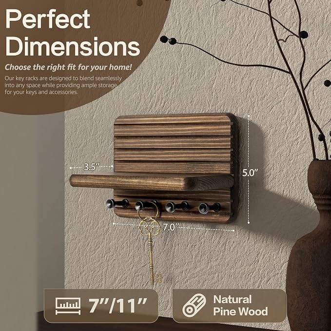 RebeeVision Small Key Holder Wall Mount with 4 Key Hook for Entryway, Brown | 7-Inch, Round Corner, Pine Wood, Small Key Shelf, Compact Storage, Plant Display, Apartment Essential