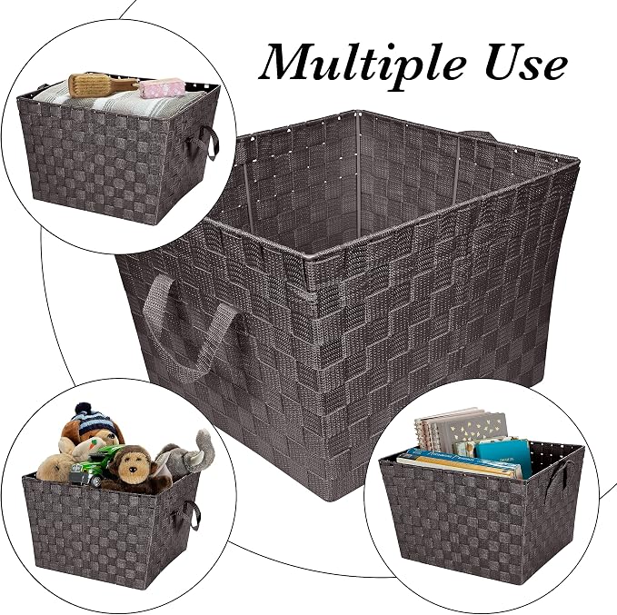Simplify Large Woven Strap Tote | Decorative Storage Basket | 2 Handles | Organization | Closet | Bedroom | Bathroom | Nursery | Accessories | Toys | Gifts | 2 Pack | Chocolate
