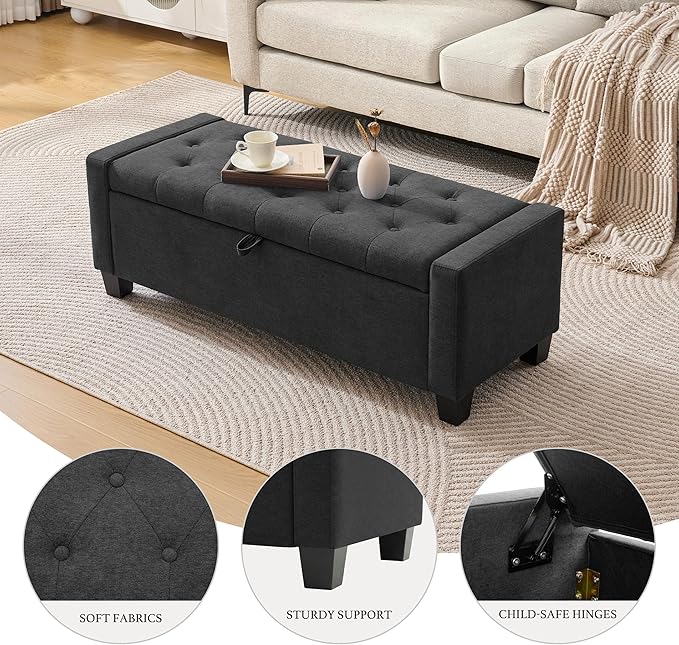 Huatean Home 43" Ottoman with Storage, Dark Gray Storage Ottoman Bench | Upholstered Entryway Bench with Seating for Bedroom, Living Room, with Safety Hinge, Holds up to 330 lb