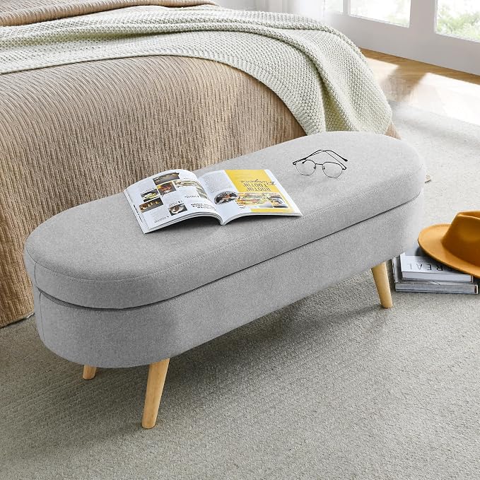 43.5" Ottoman with Storage, Storage Ottoman Bench with Safety Hinge, Linen End of Bed Bench, Upholstered Entryway Bench for Bedroom, Living Room & Window, Holds up to 330 lb, Grey