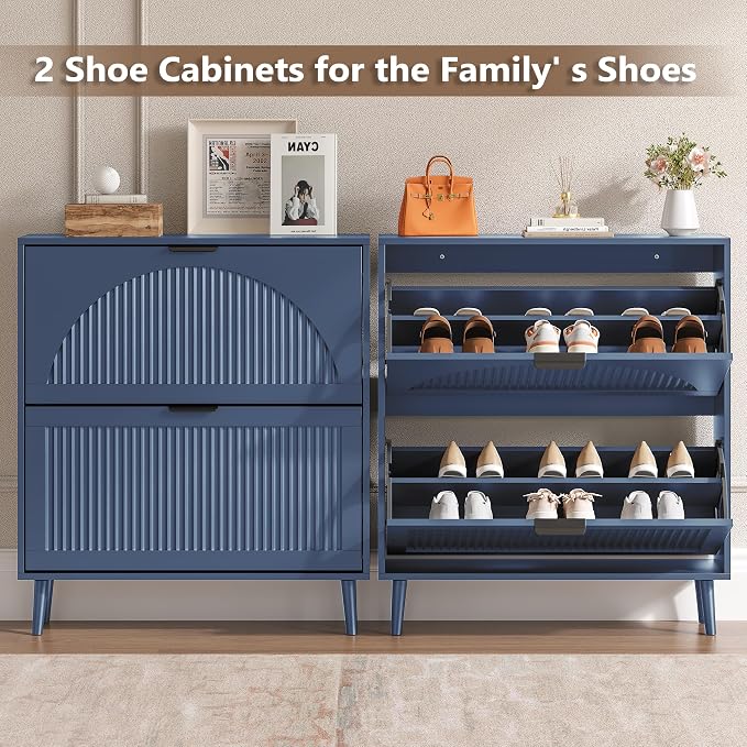 BORNOON Shoe Cabinet for Entryway with 2 Flip Drawers, Slim Wooden Shoe Storage Organizer with Modern Fluted Pannel，Freestanding Narrow Hidden Shoe Rack for Hallway, Foyer, Living Room