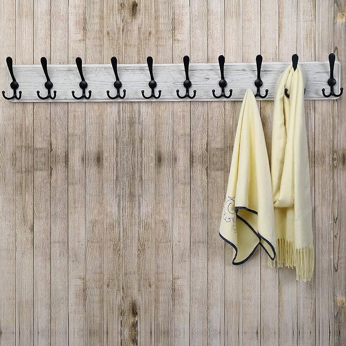 Coat Rack Wall - Heavy-Duty 38-1/4" Long, with Reinforced 10 Custom Tri-Hooks, Solid Wood Wall Hanger for Coats Hat Jackets - Rustic Farmhouse Entryway Storage, White & Black, Pack of 2