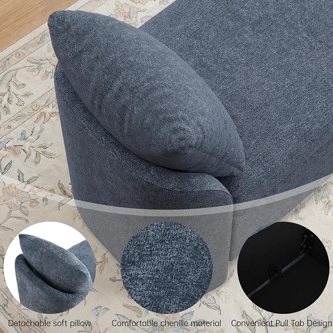 Usaint 58.3" Upholstered Storage Ottoman Bench with 2 Throw Pillows, Blue | End of Bed Bench with Curved Arms and Thickened Seat Cushion for Bedroom, Livingroom, Window, Entryway and Dressing Areas