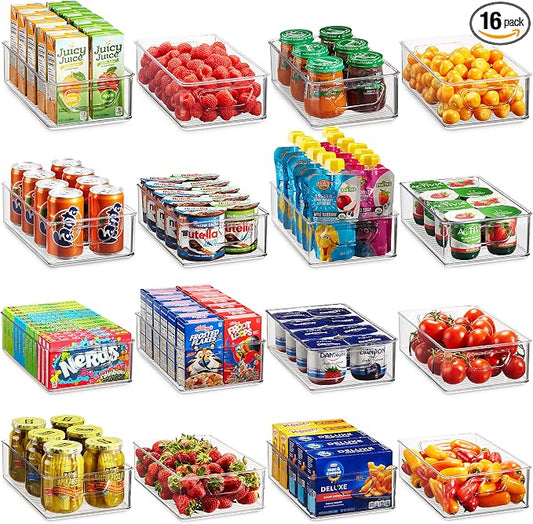 Set Of 16 Refrigerator Organizer Bins - Plastic Pantry Organization and Storage Baskets - Stackable Food Fridge Organizers with Cutout Handles for Freezer, Kitchen, Countertops, Cabinets