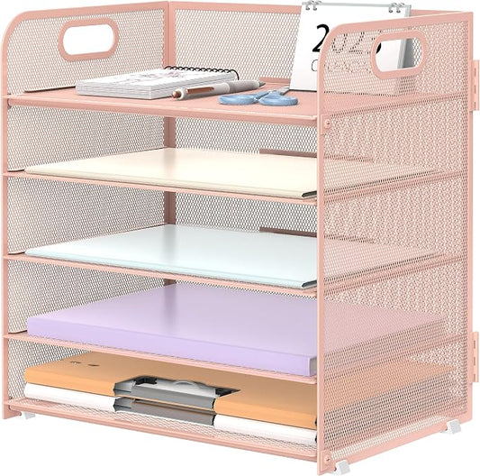 Supeasy 5 Trays Paper Organizer Letter Tray with Handle-Mesh Desk File Holders, Paper Sorter Desk Organizer for Office, Home, Classroom or School, Pink