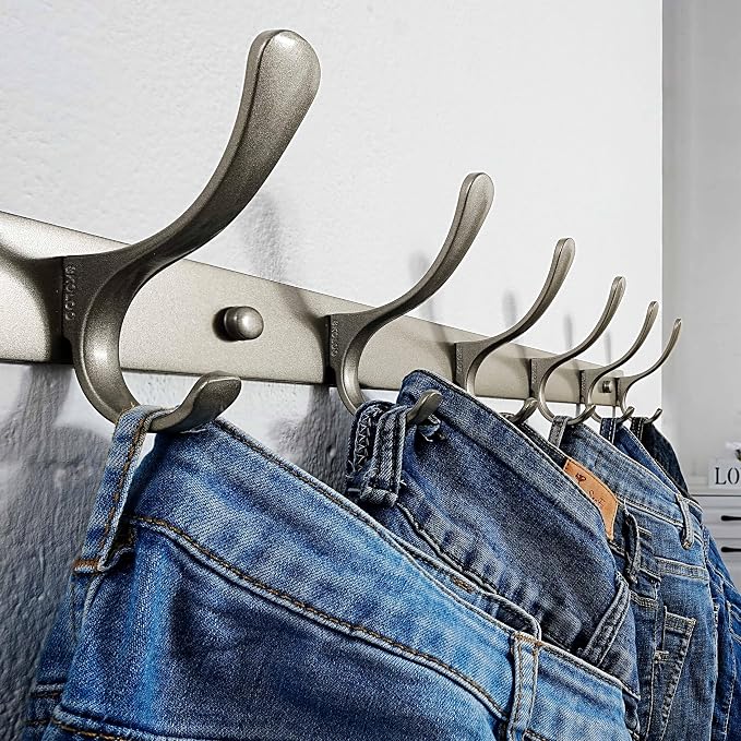 SKOLOO Coat Rack Wall Mounted - 6 Hooks, Pack of 2, Heavy Duty, Stainless Steel, Metal Wall Hanger, Sturdy Coat Hooks for Hanging Coats, Jacket, Clothes, Hat, Matte Grey