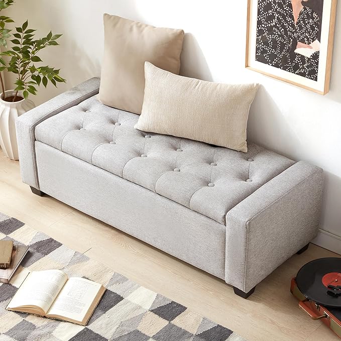 Huatean Home 48" Ottoman with Storage, Light Gray Storage Ottoman Bench | Upholstered Entryway Bench with Seating for Bedroom, Living Room, with Safety Hinge, Holds up to 330 lb