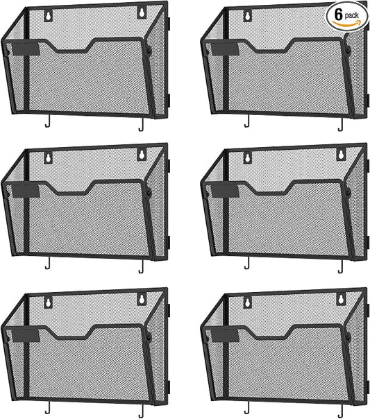 Docnest 6 Pack Mesh Wall File Holders with Hooks for Mail, Black | Space-saving vertical design with utility hooks. Ideal paper document organizer for office, home, and school