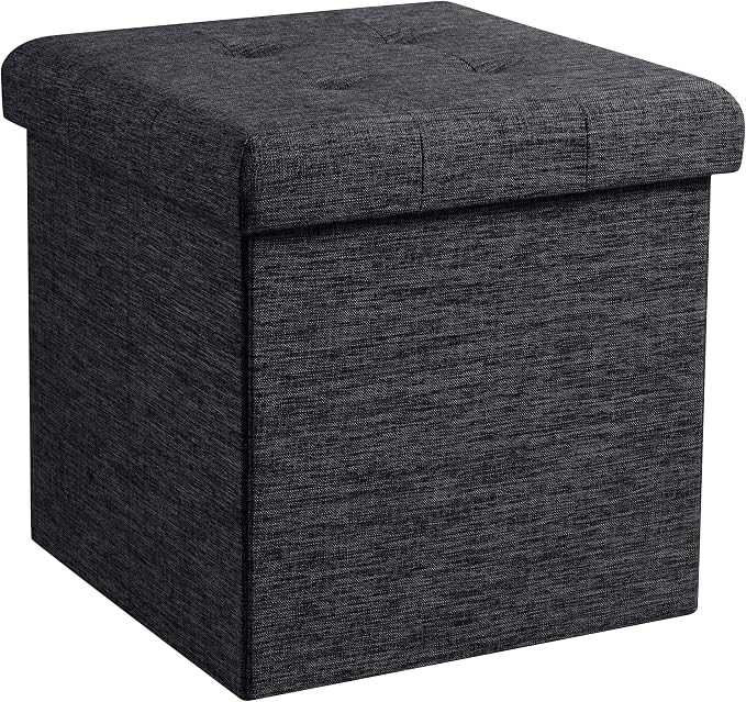 Ornavo Home 15 Inch Folding Storage Ottoman Cube, Tufted Linen, Black | Upholstered Cube with Lid; Foot Rest Stool; Ideal for Bedroom, Living Room or Entryway