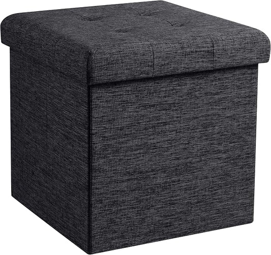 Ornavo Home 15 Inch Folding Storage Ottoman Cube, Tufted Linen, Black | Upholstered Cube with Lid; Foot Rest Stool; Ideal for Bedroom, Living Room or Entryway
