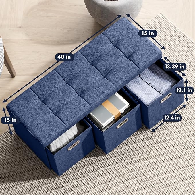 Ornavo Home 40 Inch Storage Ottoman with 3 Drawers, Tufted Linen, Navy Blue | Foldable Large Bench Design; Foot Rest Stool Seat; Ideal for Living Room, Bedroom or Entryway
