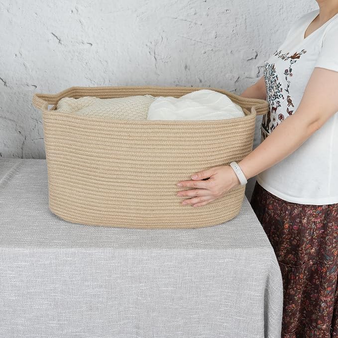 XUANGUO Large Rectangle Woven Jute Rope Storage Basket 22"x17"x12" | Storage basket for living room and nursery; blanket basket, dog toy storage, or laundry basket for clothes and towels.