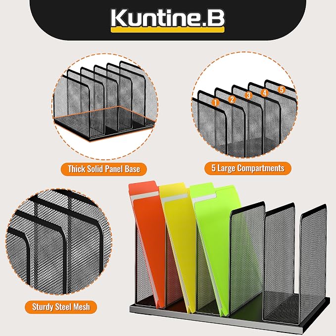 Kuntine.B Desk File Organizer Upright Mesh Desktop Organizer File Sorter Office Organization File Holder for Home, Office & Classroom (Black, 1 Pack 5-Section)