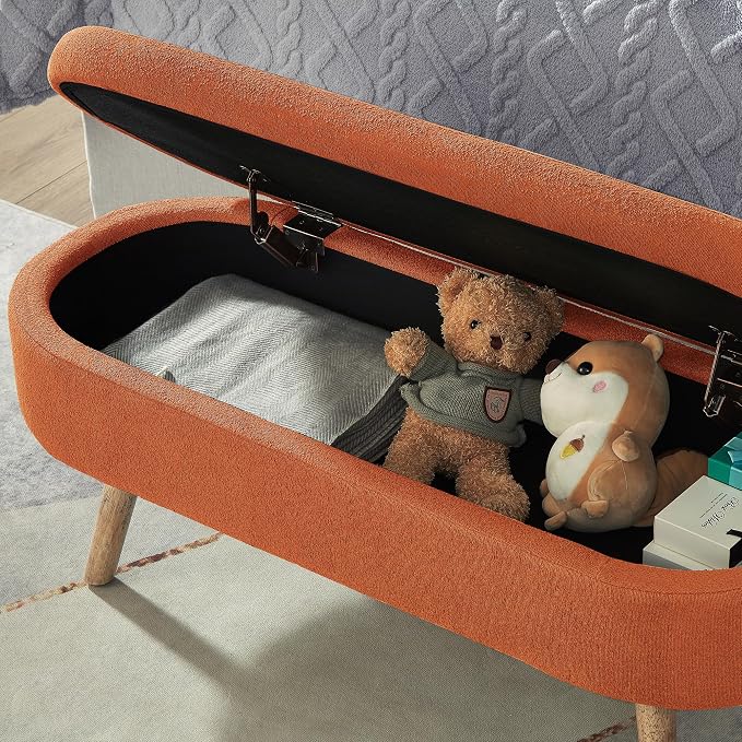 42.25" Ottoman with Storage, Storage Ottoman Bench with Safety Hinge, Boucle End of Bed Bench, Upholstered Entryway Bench for Bedroom, Living Room & Window, Holds up to 330 lb, Orange