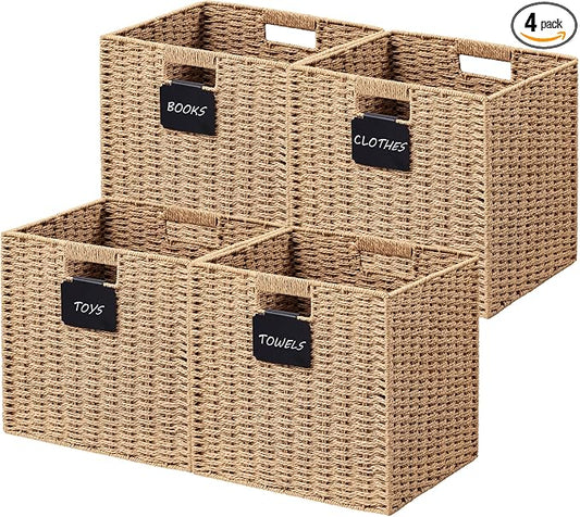 UBBCARE 4 Pack Wicker Basket, 12×12 Storage Cubes with Label, Foldable Cube Storage Bin with Handle, Square Storage Basket for Shelves, Woven Paper Rope Basket for Organizing, Light Brown