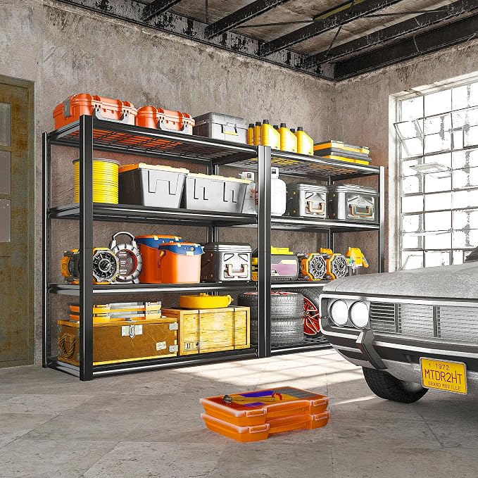 REIBII 40" W Storage Shelves with Wire Mesh Panels for Garage Organization | 560Lbs/tier, 40" W x 19.5" D x 59.5" H, Adjustable, 4-Tier, Double-Layer Frame, Rustproof Finish, for Basement Warehouse, 4Pc