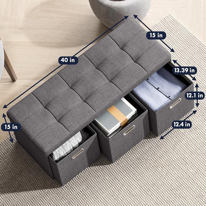 Ornavo Home 40 Inch Storage Ottoman with 3 Drawers, Tufted Linen, Dark Gray | Foldable Large Bench Design; Foot Rest Stool Seat; Ideal for Living Room, Bedroom or Entryway