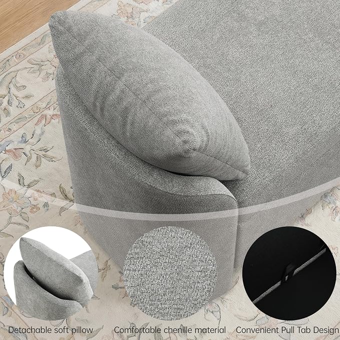 Usaint 58.3" Upholstered Storage Ottoman Bench with 2 Throw Pillows, Grey | End of Bed Bench with Curved Arms and Thickened Seat Cushion for Bedroom, Livingroom, Window, Entryway and Dressing Areas